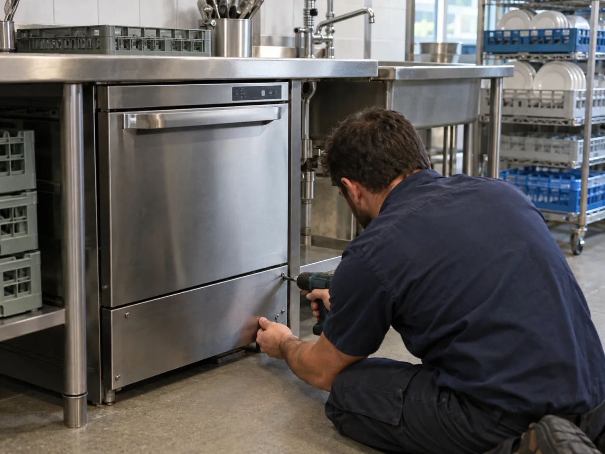 Illustration of a technician servicing an undercounter commercial dishwasher in a restaurant kitchen