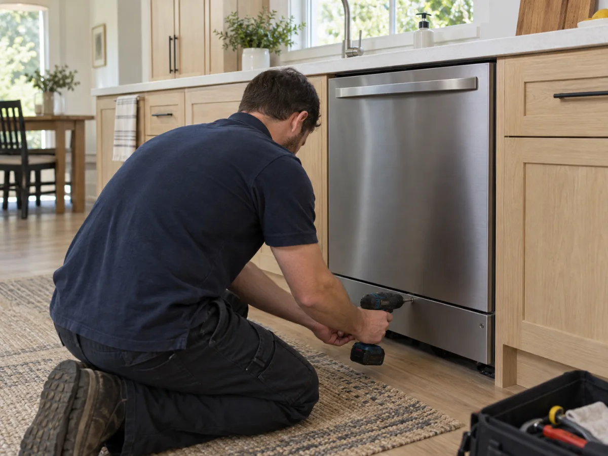 Illustration of a technician servicing a residential dishwasher with a cordless drill-driver