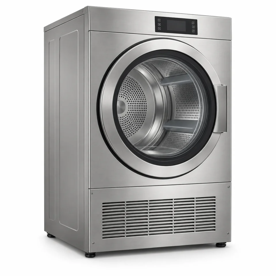 Illustration of a stainless steel commercial tumble dryer