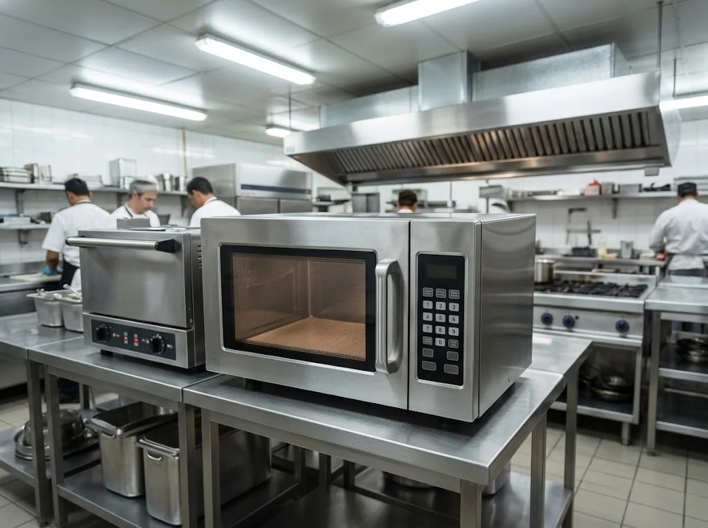 Commercial countertop microwave in a restaurant kitchen