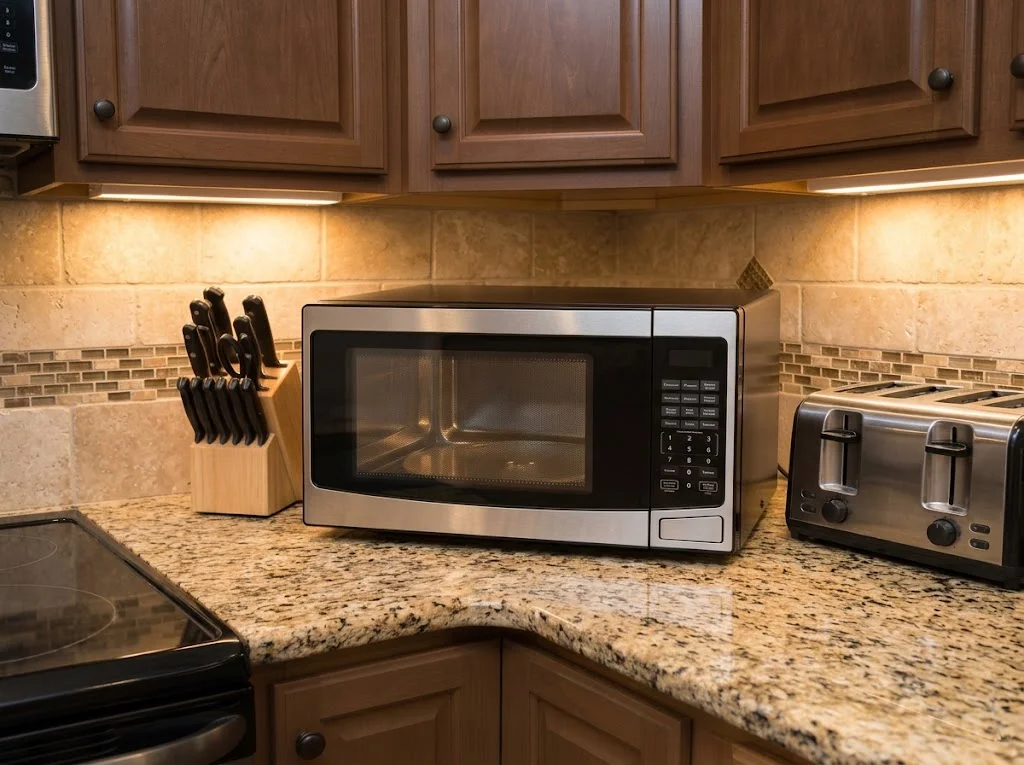 Countertop microwave in a residential kitchen