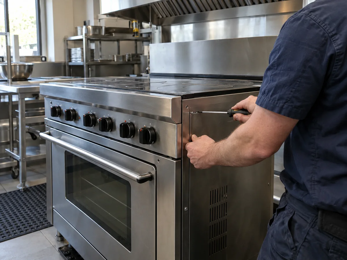 Illustration of a technician removing a commercial range access panel in a restaurant kitchen