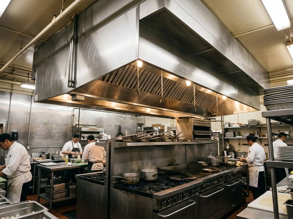 Large stainless steel exhaust hood above a restaurant cooking line