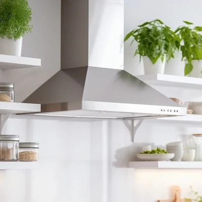 Stainless steel wall-mounted range hood in a home kitchen