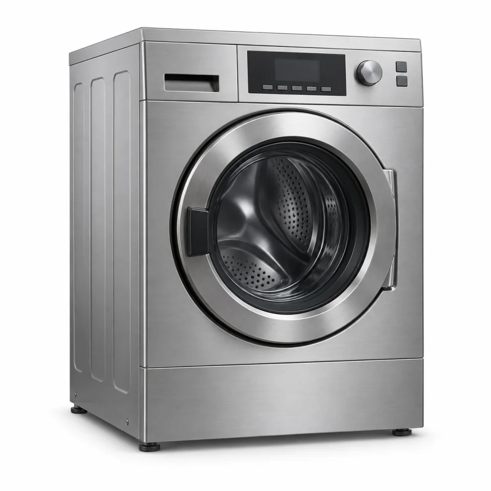 Illustration of a stainless steel commercial front-load washing machine