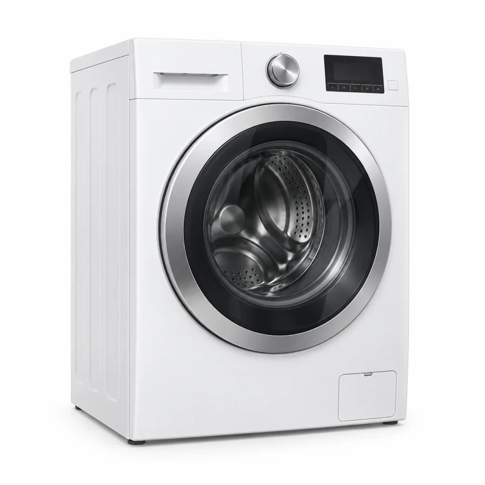 Illustration of a white residential front-load washing machine